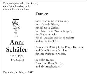 Traueranzeige von Anni Schäfer von Rüsselsheimer Echo, Groß-Gerauer-Echo, Ried Echo