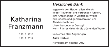 Traueranzeige von Katharina Franzmann von Odenwälder Echo
