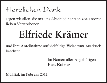 Traueranzeige von Elfriede Krämer von Echo-Zeitungen (Gesamtausgabe)
