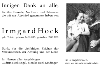 Traueranzeige von Irmgard Hock von Echo-Zeitungen (Gesamtausgabe)