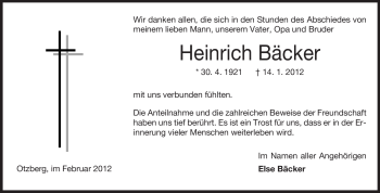 Traueranzeige von Heinrich Bäcker von Echo-Zeitungen (Gesamtausgabe)