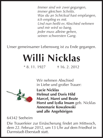 Traueranzeige von Willi Nicklas von Echo-Zeitungen (Gesamtausgabe)