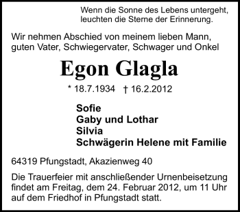 Traueranzeige von Egon Glagla von Echo-Zeitungen (Gesamtausgabe)