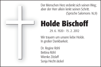 Traueranzeige von Holde Bischoff von Echo-Zeitungen (Gesamtausgabe)