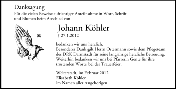 Traueranzeige von Johann Köhler von Echo-Zeitungen (Gesamtausgabe)