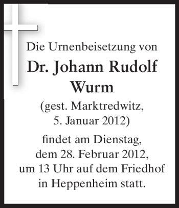 Traueranzeige von Johann Rudolf Wurm von Starkenburger Echo