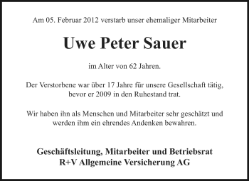 Traueranzeige von Uwe Peter Sauer von Echo-Zeitungen (Gesamtausgabe)