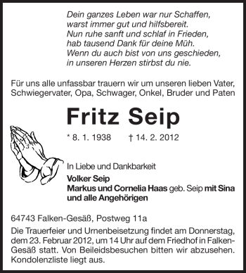 Traueranzeige von Frietz Seip von Odenwälder Echo