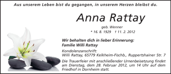 Traueranzeige von Anna Rattay von Rüsselsheimer Echo, Groß-Gerauer-Echo, Ried Echo