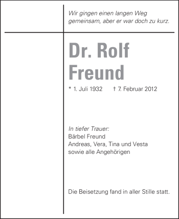 Traueranzeige von Rolf Freund von Darmstädter Echo, Odenwälder Echo, Rüsselsheimer Echo, Groß-Gerauer-Echo, Ried Echo