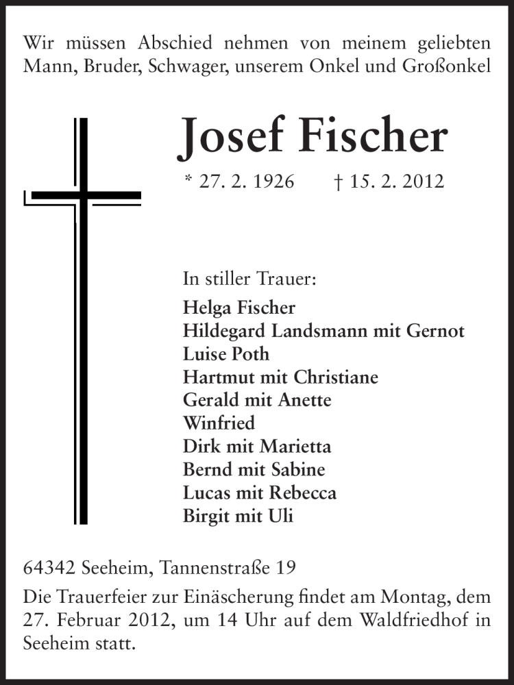  Traueranzeige für Josef Fischer vom 20.02.2012 aus Echo-Zeitungen (Gesamtausgabe)