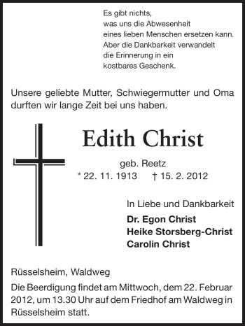 Traueranzeige von Edith Christ von Rüsselsheimer Echo, Groß-Gerauer-Echo, Ried Echo
