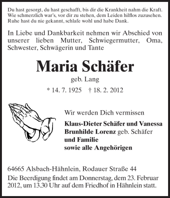 Traueranzeige von Maria Schäfer von Echo-Zeitungen (Gesamtausgabe)