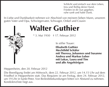 Traueranzeige von Walter Guthier von Starkenburger Echo