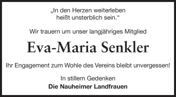 Traueranzeige von Eva-Maria Senkler von Rüsselsheimer Echo, Groß-Gerauer-Echo, Ried Echo