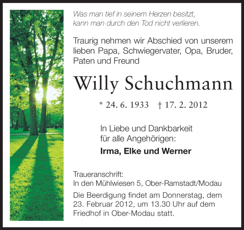  Traueranzeige für Willy Schuchmann vom 20.02.2012 aus Echo-Zeitungen (Gesamtausgabe)