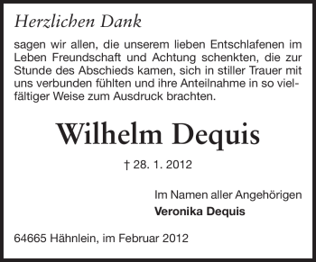 Traueranzeige von Wilhelm Dequis von Echo-Zeitungen (Gesamtausgabe)