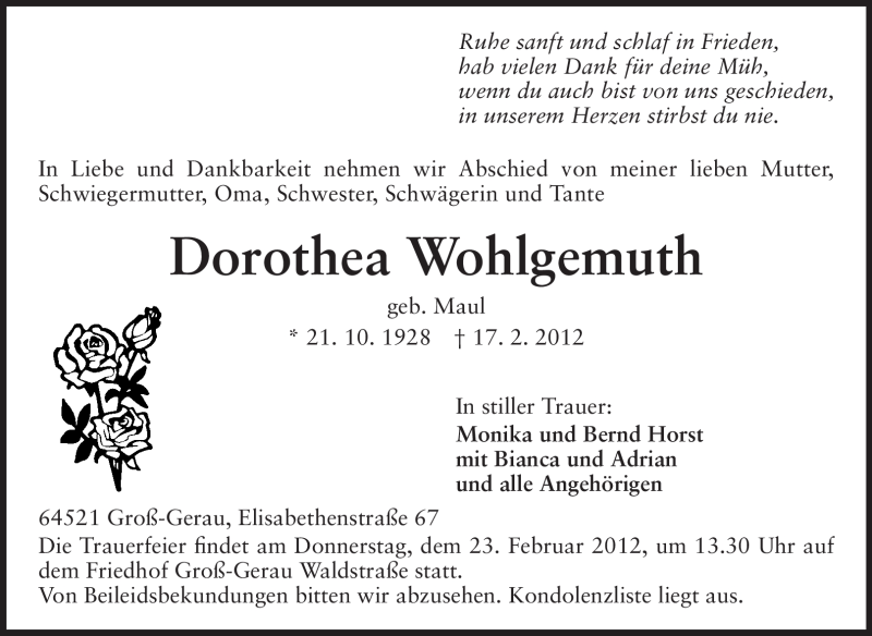  Traueranzeige für Dorothea Wohlgemuth vom 21.02.2012 aus Rüsselsheimer Echo, Groß-Gerauer-Echo, Ried Echo