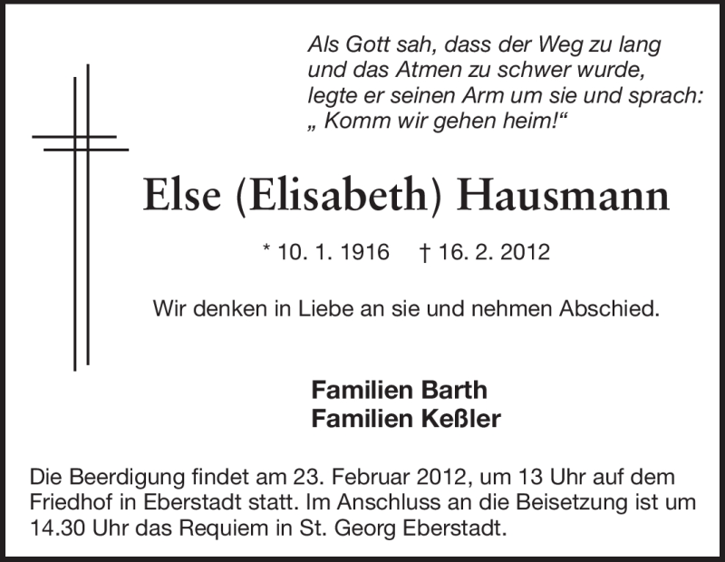 Traueranzeige für Else Hausmann vom 21.02.2012 aus Darmstädter Echo, Odenwälder Echo, Rüsselsheimer Echo, Groß-Gerauer-Echo, Ried Echo