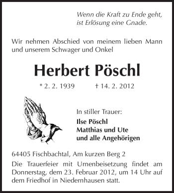 Traueranzeige von Herbert Pöschl von Echo-Zeitungen (Gesamtausgabe)