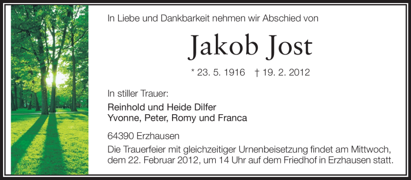  Traueranzeige für Jakob Jost vom 21.02.2012 aus Echo-Zeitungen (Gesamtausgabe)