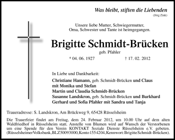 Traueranzeige von Brigitte Schmidt-Brücken von Rüsselsheimer Echo, Groß-Gerauer-Echo, Ried Echo