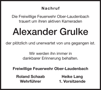 Traueranzeige von Alexander Grulke von Starkenburger Echo