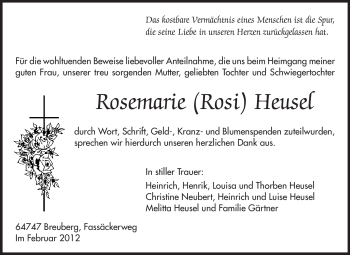 Traueranzeige von Rosemarie Heusel von Odenwälder Echo