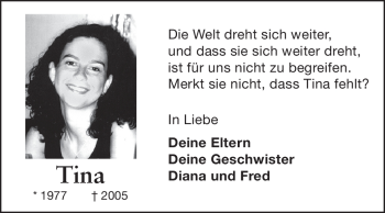 Traueranzeige von Tina Heckwolf von Darmstädter Echo, Odenwälder Echo, Rüsselsheimer Echo, Groß-Gerauer-Echo, Ried Echo