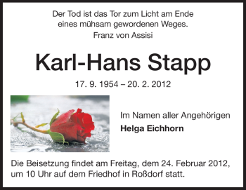 Traueranzeige von Karl-Hans Stapp von Echo-Zeitungen (Gesamtausgabe)