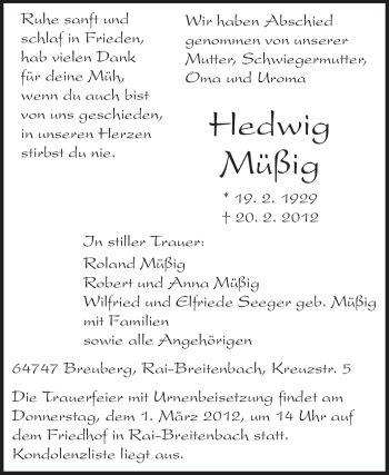 Traueranzeige von Hedwig Müßig von Odenwälder Echo