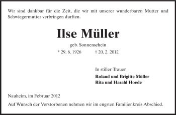 Traueranzeige von Ilse Müller von Rüsselsheimer Echo, Groß-Gerauer-Echo, Ried Echo