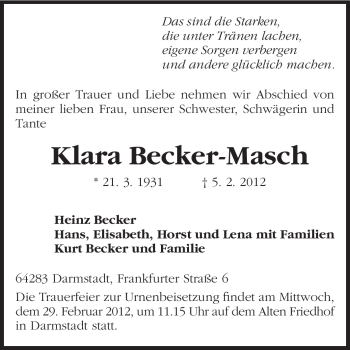 Traueranzeige von Klara Becker-Masch von Echo-Zeitungen (Gesamtausgabe)