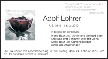 Traueranzeige von Adolf Lohrer von Echo-Zeitungen (Gesamtausgabe)