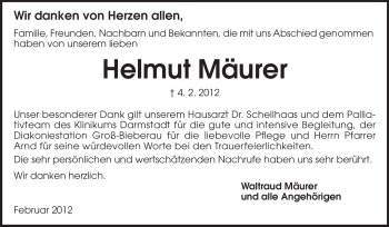 Traueranzeige von Helmut Mäurer von Echo-Zeitungen (Gesamtausgabe)