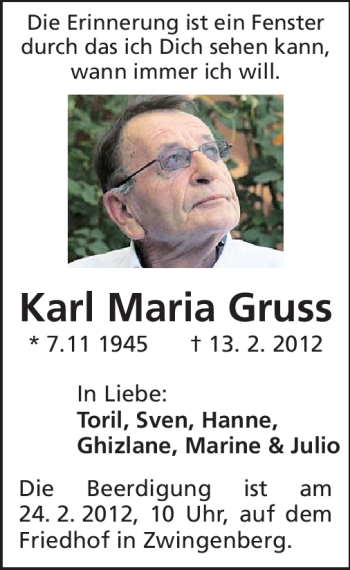 Traueranzeige von Karl Maria Gruss von Darmstädter Echo, Odenwälder Echo, Rüsselsheimer Echo, Groß-Gerauer-Echo, Ried Echo