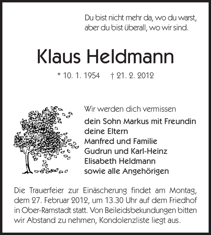  Traueranzeige für Klaus Heldmann vom 23.02.2012 aus Darmstädter Echo, Odenwälder Echo, Rüsselsheimer Echo, Groß-Gerauer-Echo, Ried Echo