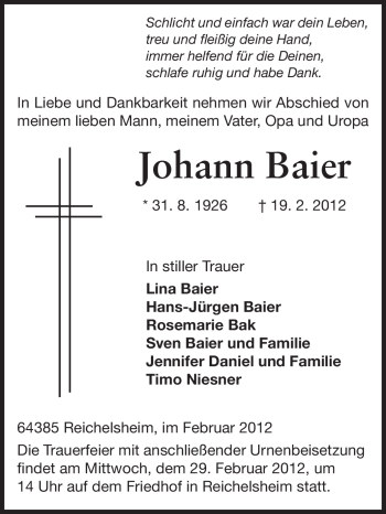 Traueranzeige von Johann Baier von Odenwälder Echo