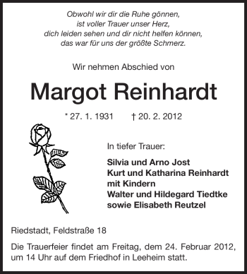 Traueranzeige von Margot Reinhardt von Rüsselsheimer Echo, Groß-Gerauer-Echo, Ried Echo