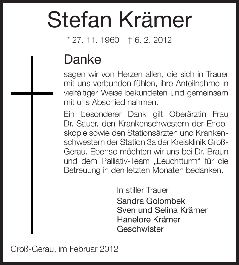  Traueranzeige für Stefan Krämer vom 25.02.2012 aus Rüsselsheimer Echo, Groß-Gerauer-Echo, Ried Echo