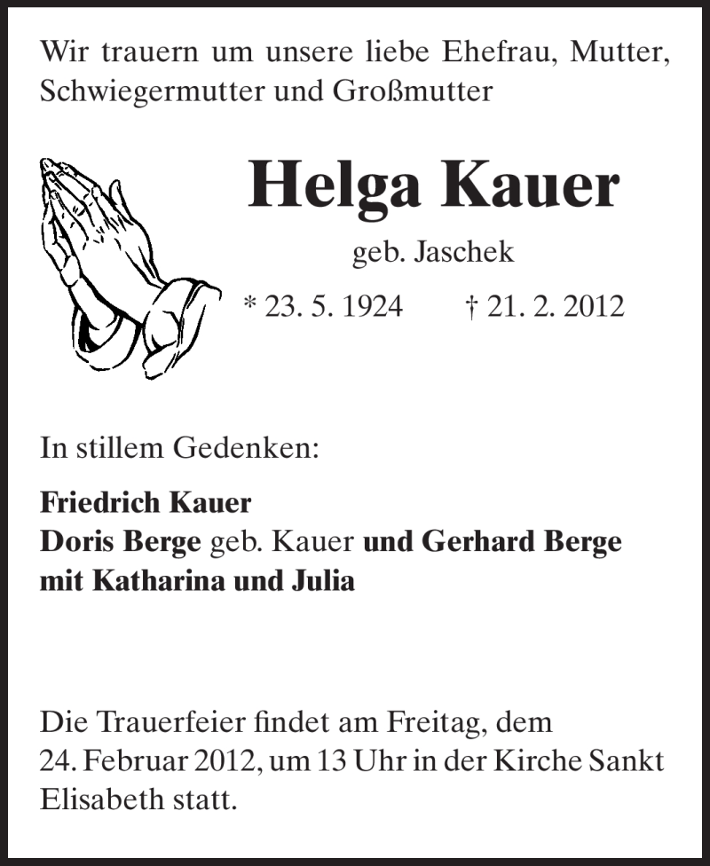 Traueranzeige für Helga Kauer vom 23.02.2012 aus Echo-Zeitungen (Gesamtausgabe)