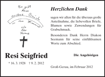 Traueranzeige von Resi Seigfried von Rüsselsheimer Echo, Groß-Gerauer-Echo, Ried Echo