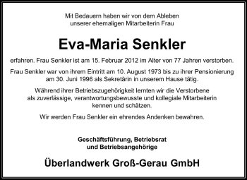 Traueranzeige von Eva-Maria Senkler von Rüsselsheimer Echo, Groß-Gerauer-Echo, Ried Echo