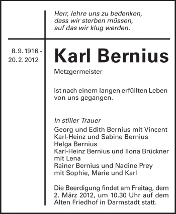 Traueranzeige von Karl Bernius von Darmstädter Echo, Odenwälder Echo, Rüsselsheimer Echo, Groß-Gerauer-Echo, Ried Echo