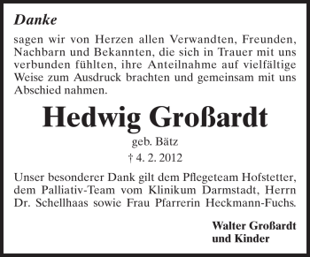 Traueranzeige von Hedwig Großardt von Echo-Zeitungen (Gesamtausgabe)