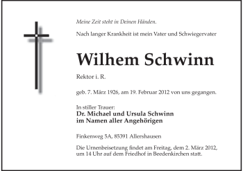 Traueranzeige von Wilhelm Schwinn von Echo-Zeitungen (Gesamtausgabe)