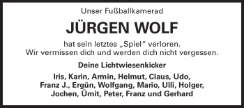 Traueranzeige von Jürgen Wolf von Darmstädter Echo, Odenwälder Echo, Rüsselsheimer Echo, Groß-Gerauer-Echo, Ried Echo