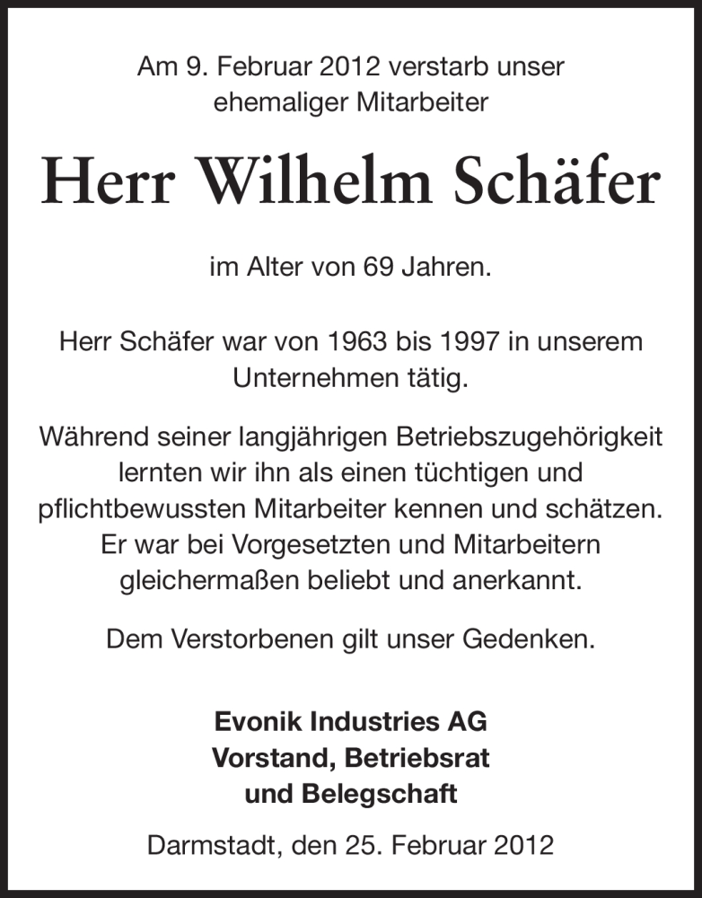  Traueranzeige für Wilhelm Schäfer vom 25.02.2012 aus Echo-Zeitungen (Gesamtausgabe)