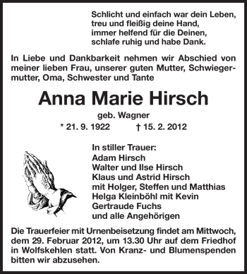 Traueranzeige von Anna Marie Hirsch von Rüsselsheimer Echo, Groß-Gerauer-Echo, Ried Echo