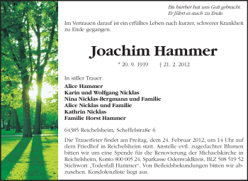 Traueranzeige von Joachim Hammer von Odenwälder Echo